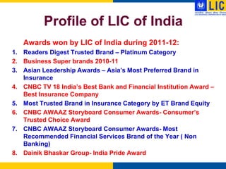 Profile of LIC of India
   Awards won by LIC of India during 2011-12:
1. Readers Digest Trusted Brand – Platinum Category
2. Business Super brands 2010-11
3. Asian Leadership Awards – Asia‟s Most Preferred Brand in
   Insurance
4. CNBC TV 18 India‟s Best Bank and Financial Institution Award –
   Best Insurance Company
5. Most Trusted Brand in Insurance Category by ET Brand Equity
6. CNBC AWAAZ Storyboard Consumer Awards- Consumer‟s
   Trusted Choice Award
7. CNBC AWAAZ Storyboard Consumer Awards- Most
   Recommended Financial Services Brand of the Year ( Non
   Banking)
8. Dainik Bhaskar Group- India Pride Award
 