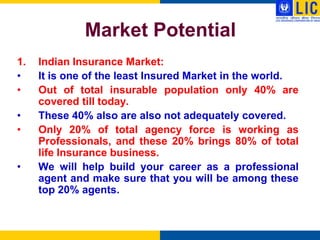 Market Potential
1.   Indian Insurance Market:
•    It is one of the least Insured Market in the world.
•    Out of total insurable population only 40% are
     covered till today.
•    These 40% also are also not adequately covered.
•    Only 20% of total agency force is working as
     Professionals, and these 20% brings 80% of total
     life Insurance business.
•    We will help build your career as a professional
     agent and make sure that you will be among these
     top 20% agents.
 