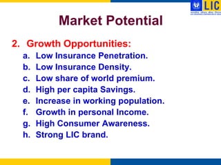 Market Potential
2. Growth Opportunities:
  a.   Low Insurance Penetration.
  b.   Low Insurance Density.
  c.   Low share of world premium.
  d.   High per capita Savings.
  e.   Increase in working population.
  f.   Growth in personal Income.
  g.   High Consumer Awareness.
  h.   Strong LIC brand.
 