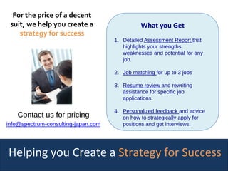 Helping you Create a Strategy for Success
For the price of a decentFor the price of a decent
suit, we help you create asuit, we help you create a
strategy for successstrategy for success
What you GetWhat you Get
1. Detailed Assessment Report that
highlights your strengths,
weaknesses and potential for any
job.
2. Job matching for up to 3 jobs
3. Resume review and rewriting
assistance for specific job
applications.
4. Personalized feedback and advice
on how to strategically apply for
positions and get interviews.
Contact us for pricingContact us for pricing
info@spectruminfo@spectrum--consultingconsulting--japan.comjapan.com
 