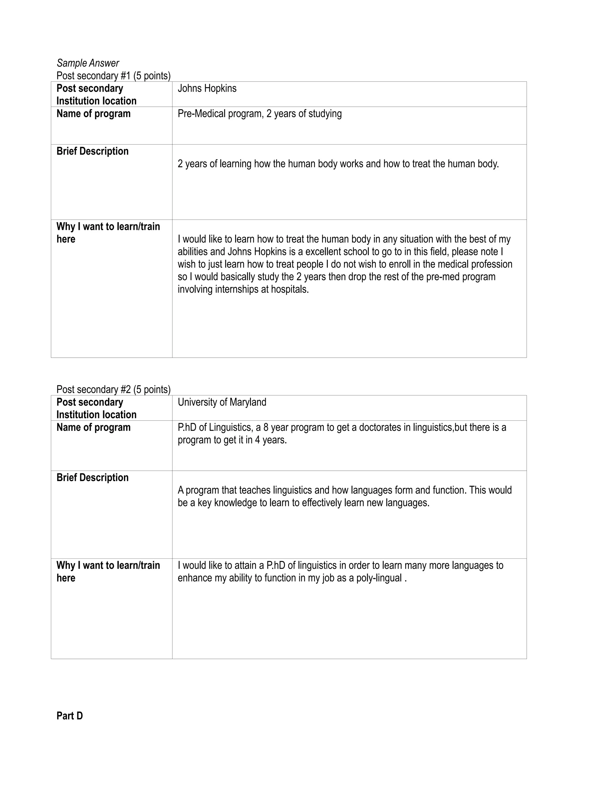 Sample Answer
Post secondary #1 (5 points)
Post secondary               Johns Hopkins
Institution location
Name of program              Pre-Medical program, 2 years of studying


Brief Description
                               2 years of learning how the human body works and how to treat the human body.




Why I want to learn/train
here                           I would like to learn how to treat the human body in any situation with the best of my
                               abilities and Johns Hopkins is a excellent school to go to in this field, please note I
                               wish to just learn how to treat people I do not wish to enroll in the medical profession
                               so I would basically study the 2 years then drop the rest of the pre-med program
                               involving internships at hospitals.




Post secondary #2 (5 points)
Post secondary               University of Maryland
Institution location
Name of program              P.hD of Linguistics, a 8 year program to get a doctorates in linguistics,but there is a
                             program to get it in 4 years.


Brief Description
                               A program that teaches linguistics and how languages form and function. This would
                               be a key knowledge to learn to effectively learn new languages.




Why I want to learn/train      I would like to attain a P.hD of linguistics in order to learn many more languages to
here                           enhance my ability to function in my job as a poly-lingual .




Part D
 
