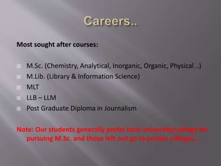 Most sought after courses:
 M.Sc. (Chemistry, Analytical, Inorganic, Organic, Physical ..)
 M.Lib. (Library & Information Science)
 MLT
 LLB – LLM
 Post Graduate Diploma in Journalism
Note: Our students generally prefer local university/college for
pursuing M.Sc. and those left out go to private colleges….
 