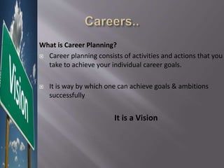 What is Career Planning?
 Career planning consists of activities and actions that you
take to achieve your individual career goals.
 It is way by which one can achieve goals & ambitions
successfully
It is a Vision
 