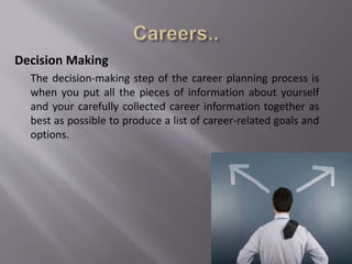 Decision Making
The decision-making step of the career planning process is
when you put all the pieces of information about yourself
and your carefully collected career information together as
best as possible to produce a list of career-related goals and
options.
 
