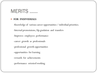MERITS ……
 FOR INDIVIDUALS

 -Knowledge of various career opportunities / individual priorities.

 -Internal promotuions, Up gradation and transfers

 -Improves employees performance

 -career growth as professionals

 -professional growth opportunities

 -opportunities for learning

 -rewards for achievements

 -performance oriented working
 