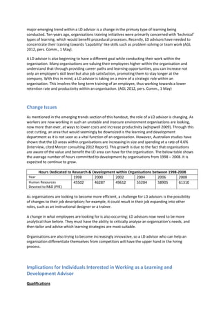 major emerging trend within a LD advisor is a change in the primary type of learning being
conducted. Ten years ago, organisations training initiatives were primarily concerned with ‘technical’
types of learning, which would benefit procedural processes. Recently, LD advisors have needed to
concentrate their training towards ‘capability’ like skills such as problem solving or team work (AGL
2012, pers. Comm., 1 May).

A LD advisor is also beginning to have a different goal while conducting their work within the
organisation. Many organisations are valuing their employees higher within the organisation and
understand that through providing career paths and learning opportunities, you can increase not
only an employee’s skill level but also job satisfaction, promoting them to stay longer at the
company. With this in mind, a LD advisor is taking on a more of a strategic role within an
organisation. This involves the long term training of an employee, thus working towards a lower
retention rate and productivity within an organisation. (AGL 2012, pers. Comm., 1 May)



Change Issues
As mentioned in the emerging trends section of this handout, the role of a LD advisor is changing. As
workers are now working in such an unstable and insecure environment organisations are looking,
now more than ever, at ways to lower costs and increase productivity (wjhipwell 2009). Through this
cost cutting, an area that would seemingly be downsized is the learning and development
department as it is not seen as a vital function of an organisation. However, Australian studies have
shown that the LD areas within organisations are increasing in size and spending at a rate of 4.6%
(Interview, cited Mercer consulting 2012 Report). This growth is due to the fact that organisations
are aware of the value and benefit the LD area can have for the organisation. The below table shows
the average number of hours committed to development by organisations from 1998 – 2008. It is
expected to continue to grow.

       Hours Dedicated to Research & Development within Organisations between 1998-2008
 Year                      1998       2000      2002        2004         2006      2008
 Human Resources           45502      46287     49612       55204        58905     61310
 Devoted to R&D (PYE)

As organisations are looking to become more efficient, a challenge for LD advisors is the possibility
of changes to their job description; for example, it could result in their job expanding into other
roles, such as an instructional designer or a trainer.

A change in what employees are looking for is also occurring; LD advisors now need to be more
analytical than before. They must have the ability to critically analyse an organisation’s needs, and
then tailor and advise which learning strategies are most suitable.

Organisations are also trying to become increasingly innovative, so a LD advisor who can help an
organisation differentiate themselves from competitors will have the upper hand in the hiring
process.




Implications for Individuals Interested in Working as a Learning and
Development Advisor
Qualifications
 