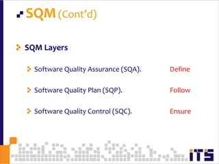 SQM(Cont’d) SQM Layers Software Quality Assurance (SQA).		DefineSoftware Quality Plan (SQP).			FollowSoftware Quality Control (SQC).		Ensure41