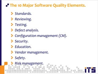 44 The 10 Major Software Quality Elements.Standards.Reviewing.Testing.Defect analysis.Configuration management (CM).Security.Education.Vendor management.Safety.Risk management.