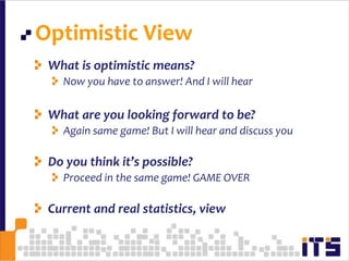 Optimistic View5What is optimistic means?Now you have to answer! And I will hearWhat are you looking forward to be?Again same game! But I will hear and discuss youDo you think it’s possible?Proceed in the same game! GAME OVERCurrent and real statistics, view