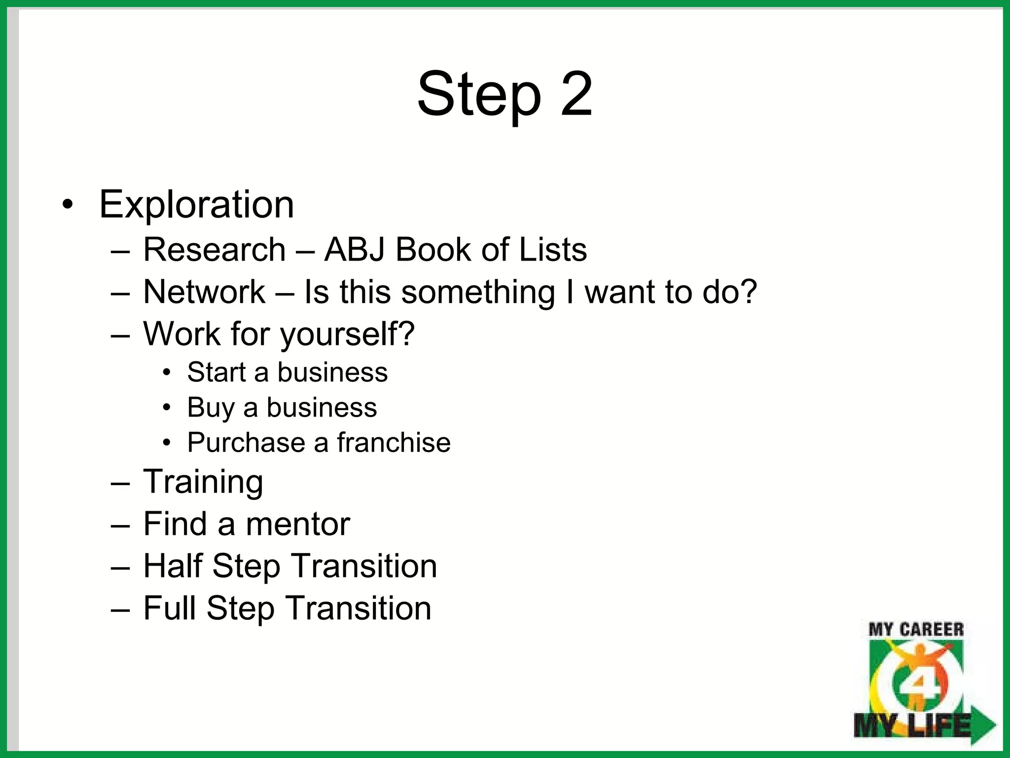 Step 2 Exploration Research – ABJ Book of Lists Network – Is this something I want to do? Work for yourself? Start a business Buy a business Purchase a franchise Training Find a mentor Half Step Transition Full Step Transition 