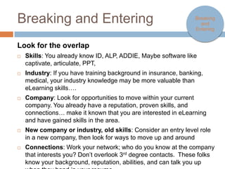 Breaking and Entering                                                   Breaking
                                                                          and
                                                                        entering


Look for the overlap
   Skills: You already know ID, ALP, ADDIE, Maybe software like captivate,
    articulate, PPT,
   Industry: If you have training background in insurance, banking, medical,
    your industry knowledge may be more valuable than eLearning skills….
   Company: Look for opportunities to move within your current company. You
    already have a reputation, proven skills, and connections… make it known
    that you are interested in eLearning and have gained skills in the area.
   New company or industry, old skills: Consider an entry level role in a new
    company, then look for ways to move up and around
   Connections: Work your network; who do you know at the company that
    interests you? Don’t overlook 3rd degree contacts. These folks know your
    background, reputation, abilities, and can talk you up when they hand in
    your resume.
 