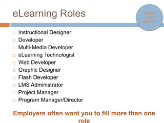 eLearning Roles                           What’s your
                                           dream?



   Instructional Designer
   Developer
   Multi-Media Developer
   eLearning Technologist
   Web Developer
   Graphic Designer
   Flash Developer
   LMS Administrator
   Project Manager
   Program Manager/Director
Employers often want you to fill more than one
                    role
 