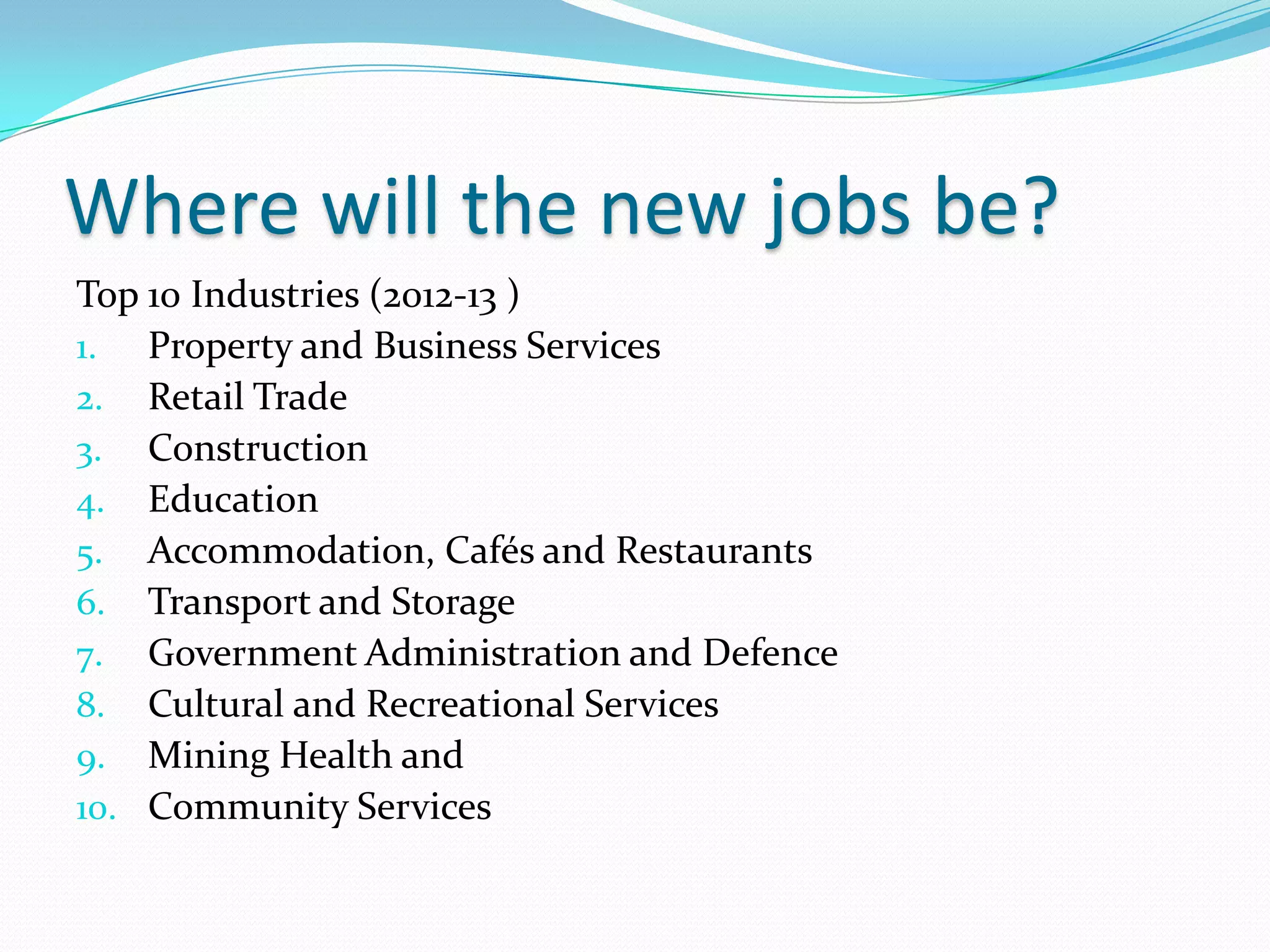 Where will the new jobs be?
Top 10 Industries (2012-13 )
1. Property and Business Services
2. Retail Trade
3. Construction
4. Education
5. Accommodation, Cafés and Restaurants
6. Transport and Storage
7. Government Administration and Defence
8. Cultural and Recreational Services
9. Mining Health and
10. Community Services
 