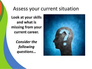 Assess your current situation
Look at your skills
and what is
missing from your
current career.
Consider the
following
questions…
 