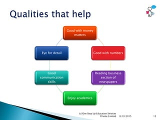 Good with money
matters
Good with numbers
Reading business
section of
newspapers
Enjoy academics
Good
communication
skills
Eye for detail
8/10/2015
(c) One Step Up Education Services
Private Limited 13
 