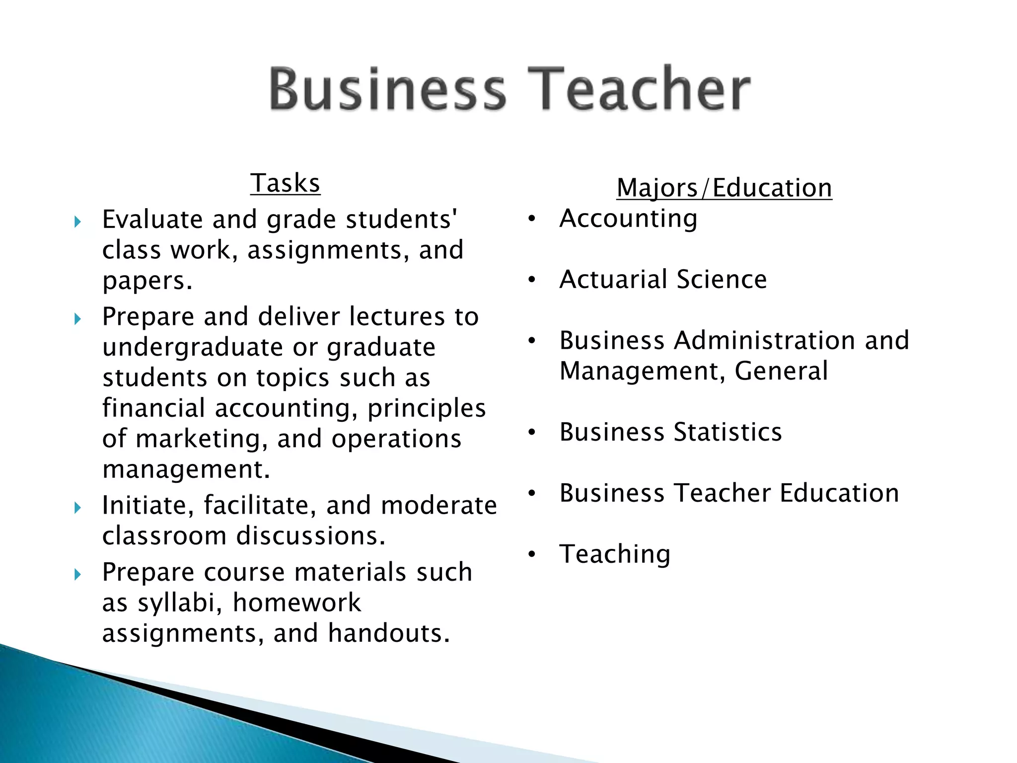 Tasks
 Evaluate and grade students'
class work, assignments, and
papers.
 Prepare and deliver lectures to
undergraduate or graduate
students on topics such as
financial accounting, principles
of marketing, and operations
management.
 Initiate, facilitate, and moderate
classroom discussions.
 Prepare course materials such
as syllabi, homework
assignments, and handouts.
Majors/Education
• Accounting
• Actuarial Science
• Business Administration and
Management, General
• Business Statistics
• Business Teacher Education
• Teaching
 