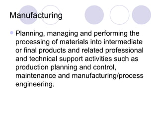 Manufacturing Planning, managing and performing the processing of materials into intermediate or final products and related professional and technical support activities such as production planning and control, maintenance and manufacturing/process engineering. 