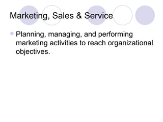 Marketing, Sales & Service Planning, managing, and performing marketing activities to reach organizational objectives. 