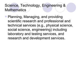 Science, Technology, Engineering & Mathematics Planning, Managing, and providing scientific research and professional and technical services (e.g., physical science, social science, engineering) including laboratory and testing services, and research and development services. 