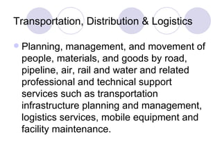 Transportation, Distribution & Logistics Planning, management, and movement of people, materials, and goods by road, pipeline, air, rail and water and related professional and technical support services such as transportation infrastructure planning and management, logistics services, mobile equipment and facility maintenance. 