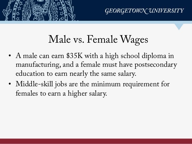 Male vs. Female Wages
•  A male can earn $35K with a high school diploma in
manufacturing, and a female must have postseco...