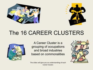 The 16 CAREER CLUSTERS
A Career Cluster is a
grouping of occupations
and broad industries
based on commonalities
The slides will give you an understanding of each
Career Cluster.
 