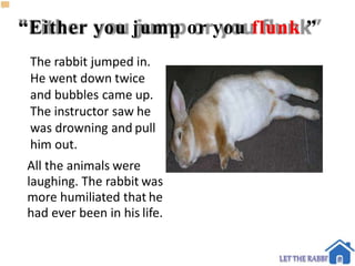 “Either you jump or you flunk ”
The rabbit jumped in.
He went down twice
and bubbles came up.
The instructor saw he
was drowning and pull
him out.
All the animals were
laughing. The rabbit was
more humiliated that he
had ever been in his life.
 