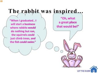 The rabbit was inspired…
“When I graduated.. I
will start a business
where rabbits would
do nothing but run,
the squirrels could
just climb trees, and
the fish could swim.”
“Oh,what
a great place
that would be!”
 
