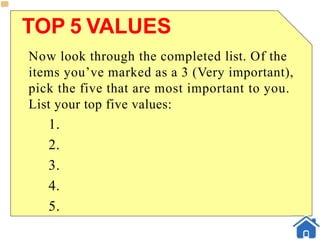 TOP 5 VALUES
Now look through the completed list. Of the
items you’ve marked as a 3 (Very important),
pick the five that are most important to you.
List your top five values:
1.
2.
3.
4.
5.
 