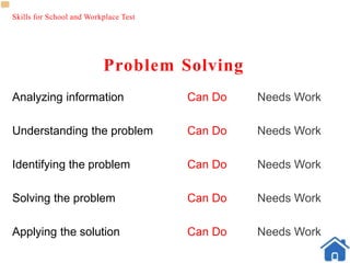 Skills for School and Workplace Test
Problem Solving
Analyzing information Can Do Needs Work
Understanding the problem Can Do Needs Work
Identifying the problem Can Do Needs Work
Solving the problem Can Do Needs Work
Applying the solution Can Do Needs Work
 