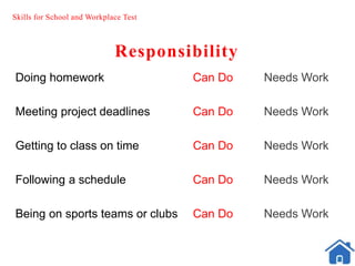 Skills for School and Workplace Test
Responsibility
Doing homework Can Do Needs Work
Meeting project deadlines Can Do Needs Work
Getting to class on time Can Do Needs Work
Following a schedule Can Do Needs Work
Being on sports teams or clubs Can Do Needs Work
 