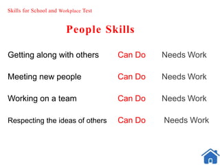 Skills for School and Workplace Test
People Skills
Getting along with others Can Do Needs Work
Meeting new people Can Do Needs Work
Working on a team Can Do Needs Work
Respecting the ideas of others Can Do Needs Work
 