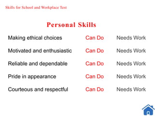 Skills for School and Workplace Test
Personal Skills
Making ethical choices Can Do Needs Work
Motivated and enthusiastic Can Do Needs Work
Reliable and dependable Can Do Needs Work
Pride in appearance Can Do Needs Work
Courteous and respectful Can Do Needs Work
 