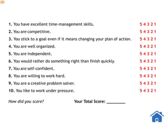 1. You have excellent time-management skills. 5 4 3 2 1
2. You are competitive. 5 4 3 2 1
3. You stick to a goal even if it means changing your plan of action. 5 4 3 2 1
4. You are well organized. 5 4 3 2 1
5. You are independent. 5 4 3 2 1
6. You would rather do something right than finish quickly. 5 4 3 2 1
7. You are self-confident. 5 4 3 2 1
8. You are willing to work hard. 5 4 3 2 1
9. You are a creative problem solver. 5 4 3 2 1
10. You like to work under pressure. 5 4 3 2 1
How did you score? Your Total Score: ________
 