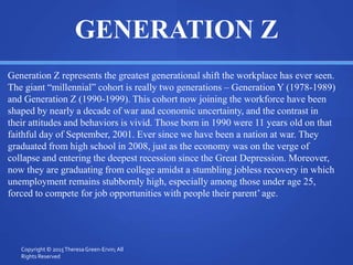 GENERATION Z
Generation Z represents the greatest generational shift the workplace has ever seen.
The giant “millennial” cohort is really two generations – Generation Y (1978-1989)
and Generation Z (1990-1999). This cohort now joining the workforce have been
shaped by nearly a decade of war and economic uncertainty, and the contrast in
their attitudes and behaviors is vivid. Those born in 1990 were 11 years old on that
faithful day of September, 2001. Ever since we have been a nation at war. They
graduated from high school in 2008, just as the economy was on the verge of
collapse and entering the deepest recession since the Great Depression. Moreover,
now they are graduating from college amidst a stumbling jobless recovery in which
unemployment remains stubbornly high, especially among those under age 25,
forced to compete for job opportunities with people their parent’ age.
Copyright © 2015TheresaGreen-Ervin; All
Rights Reserved
 