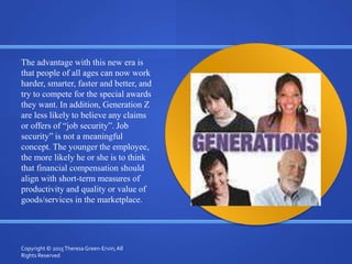 The advantage with this new era is
that people of all ages can now work
harder, smarter, faster and better, and
try to compete for the special awards
they want. In addition, Generation Z
are less likely to believe any claims
or offers of “job security”. Job
security” is not a meaningful
concept. The younger the employee,
the more likely he or she is to think
that financial compensation should
align with short-term measures of
productivity and quality or value of
goods/services in the marketplace.
Copyright © 2015TheresaGreen-Ervin; All
Rights Reserved
 