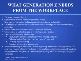 WHAT GENERATION Z NEEDS
FROM THE WORKPLACE
• Thrive on plenty of direction
• Opportunities to learn and advance in their careers
• New ways of interaction and communication (prefer text and email)
• Desire specific, detailed instructions about how to do things and are used to hovering
authorities
• Most comfortable with diversity and alternative lifestyles
• Commitment to technology and to social responsible policies
• Promote high-intensity relationships:
• Small, highly defined work groups with a strong peer leader
• Tight and well-defined and observed chain of command
• Teaching-style leadership
• Customer service-style management
• Provide continuing re-education – there is a growing nontechnical skill gap among the
emerging young workforce. The basics of personal responsibility, problem solving, time
management and interpersonal communication are way too often missing in the young
workforce
Copyright © 2015TheresaGreen-Ervin; All
Rights Reserved
 