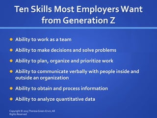 Ten Skills Most Employers Want
from Generation Z
 Ability to work as a team
 Ability to make decisions and solve problems
 Ability to plan, organize and prioritize work
 Ability to communicate verbally with people inside and
outside an organization
 Ability to obtain and process information
 Ability to analyze quantitative data
Copyright © 2015TheresaGreen-Ervin; All
Rights Reserved
 