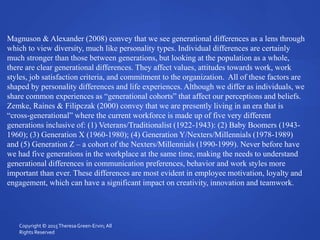 Magnuson & Alexander (2008) convey that we see generational differences as a lens through
which to view diversity, much like personality types. Individual differences are certainly
much stronger than those between generations, but looking at the population as a whole,
there are clear generational differences. They affect values, attitudes towards work, work
styles, job satisfaction criteria, and commitment to the organization. All of these factors are
shaped by personality differences and life experiences. Although we differ as individuals, we
share common experiences as “generational cohorts” that affect our perceptions and beliefs.
Zemke, Raines & Filipczak (2000) convey that we are presently living in an era that is
“cross-generational” where the current workforce is made up of five very different
generations inclusive of: (1) Veterans/Traditionalist (1922-1943): (2) Baby Boomers (1943-
1960); (3) Generation X (1960-1980); (4) Generation Y/Nexters/Millennials (1978-1989)
and (5) Generation Z – a cohort of the Nexters/Millennials (1990-1999). Never before have
we had five generations in the workplace at the same time, making the needs to understand
generational differences in communication preferences, behavior and work styles more
important than ever. These differences are most evident in employee motivation, loyalty and
engagement, which can have a significant impact on creativity, innovation and teamwork.
Copyright © 2015TheresaGreen-Ervin; All
Rights Reserved
 