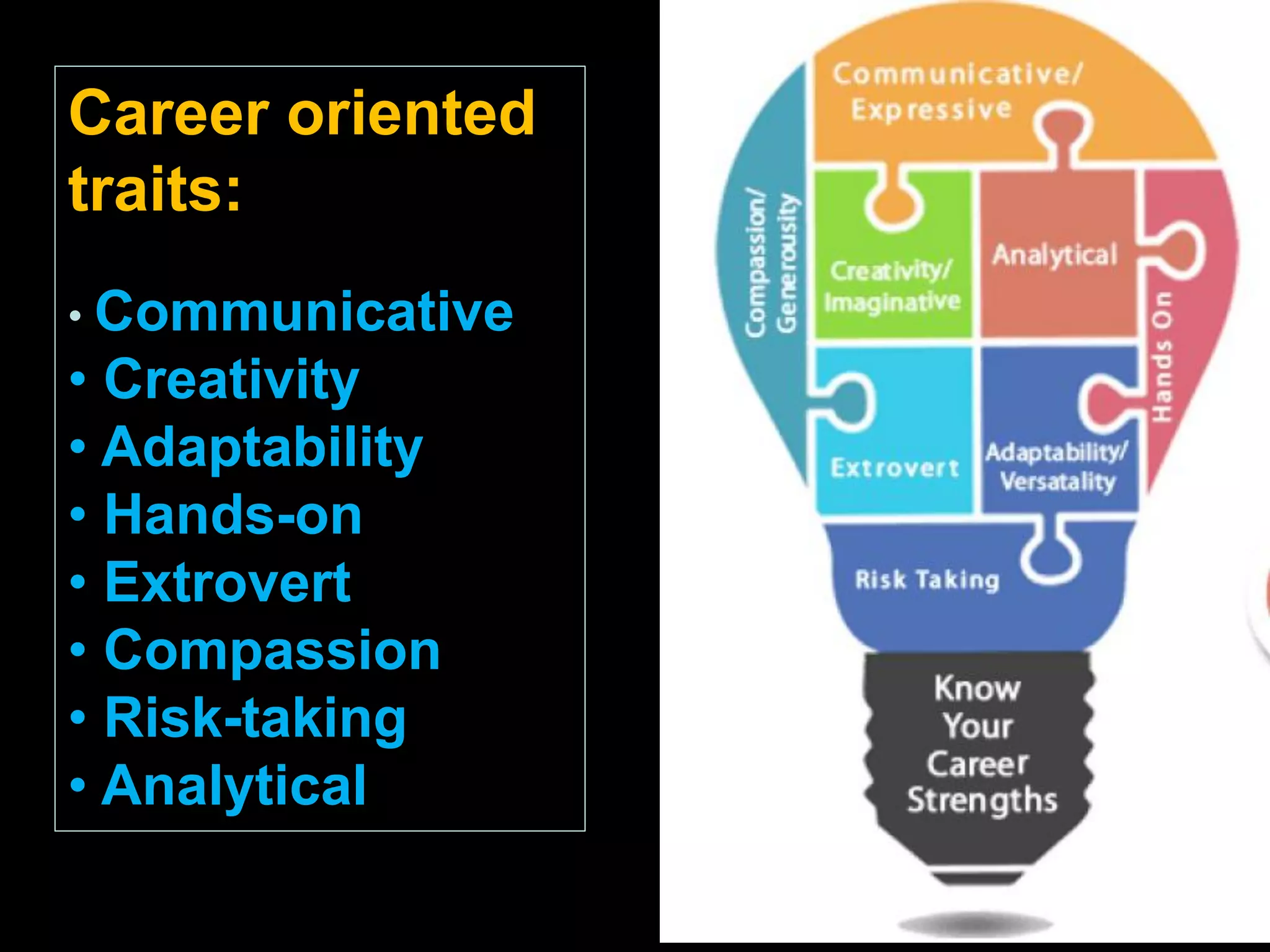 Career oriented
traits:
• Communicative
• Creativity
• Adaptability
• Hands-on
• Extrovert
• Compassion
• Risk-taking
• Analytical
 