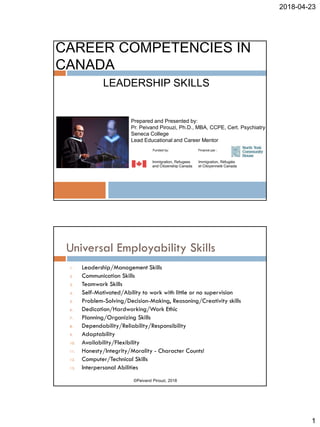 2018-04-23
1
CAREER COMPETENCIES IN
CANADA
LEADERSHIP SKILLS
Prepared and Presented by:
Pr. Peivand Pirouzi, Ph.D., MBA, CCPE, Cert. Psychiatry
Seneca College
Lead Educational and Career Mentor
Universal Employability Skills
1. Leadership/Management Skills
2. Communication Skills
3. Teamwork Skills
4. Self-Motivated/Ability to work with little or no supervision
5. Problem-Solving/Decision-Making, Reasoning/Creativity skills
6. Dedication/Hardworking/Work Ethic
7. Planning/Organizing Skills
8. Dependability/Reliability/Responsibility
9. Adaptability
10. Availability/Flexibility
11. Honesty/Integrity/Morality - Character Counts!
12. Computer/Technical Skills
13. Interpersonal Abilities
©Peivand Pirouzi, 2018
 