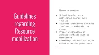 Guidelines
regarding
Resource
mobilization
Human resources:
● School teacher as a
mobilizing source must
involve
● Students themselves can made
involved to maintain the
corner
● Proper utilization of
parents contacts must be
maintained
● Community contacts has to be
enhanced as the years pass
 