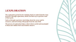 The exploration period involves helping clients to understand the steps
involved. Through exploration, clients can find ways to practice some
of their goals.
Such as through experience, knowledge about the career and its
resources, and networking with people from the same field.
The process of exploration helps a client what is useful and meaningful
to them and validate their uncertainties about it.
2.EXPLORATION
 