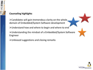 Counseling highlights
Candidates will gain tremendous clarity on the whole
domain of Embedded/System Software development
Understand how and where to begin and where to end
Understanding the mindset of a Embedded/System Software
Engineer
Unbiased suggestions and closing remarks
 