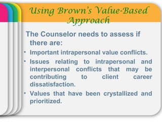 The Counselor needs to assess if
there are:
• Important intrapersonal value conflicts.
• Issues relating to intrapersonal and
interpersonal conflicts that may be
contributing to client career
dissatisfaction.
• Values that have been crystallized and
prioritized.
Using Brown’s Value-Based
Approach
 