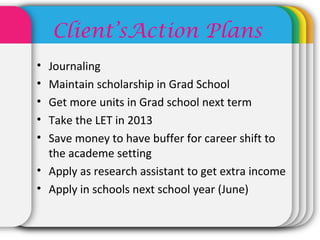 Client’sAction Plans
• Journaling
• Maintain scholarship in Grad School
• Get more units in Grad school next term
• Take the LET in 2013
• Save money to have buffer for career shift to
the academe setting
• Apply as research assistant to get extra income
• Apply in schools next school year (June)
 