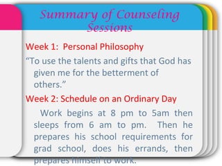 Summary of Counseling
Sessions
Week 1: Personal Philosophy
“To use the talents and gifts that God has
given me for the betterment of
others.”
Week 2: Schedule on an Ordinary Day
Work begins at 8 pm to 5am then
sleeps from 6 am to pm. Then he
prepares his school requirements for
grad school, does his errands, then
prepares himself to work.
 