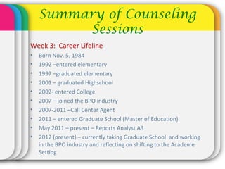 Summary of Counseling
Sessions
Week 3: Career Lifeline
• Born Nov. 5, 1984
• 1992 –entered elementary
• 1997 –graduated elementary
• 2001 – graduated Highschool
• 2002- entered College
• 2007 – joined the BPO industry
• 2007-2011 –Call Center Agent
• 2011 – entered Graduate School (Master of Education)
• May 2011 – present – Reports Analyst A3
• 2012 (present) – currently taking Graduate School and working
in the BPO industry and reflecting on shifting to the Academe
Setting
 
