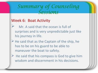 Summary of Counseling
Sessions
Week 6: Boat Activity
 Mr. A said that the ocean is full of
surprises and is very unpredictable just like
his journey in life.
 He said that as the Captain of the ship, he
has to be on his guard to be able to
maneuver the boat to safety.
 He said that his compass is God to give him
wisdom and discernment in his decisions.
 