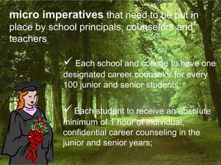 micro imperatives that need to be put in
place by school principals, counselors and
teachers

             Each school and college to have one
            designated career counselor for every
            100 junior and senior students;


             Each student to receive an absolute
            minimum of 1 hour of individual,
            confidential career counseling in the
            junior and senior years;
 